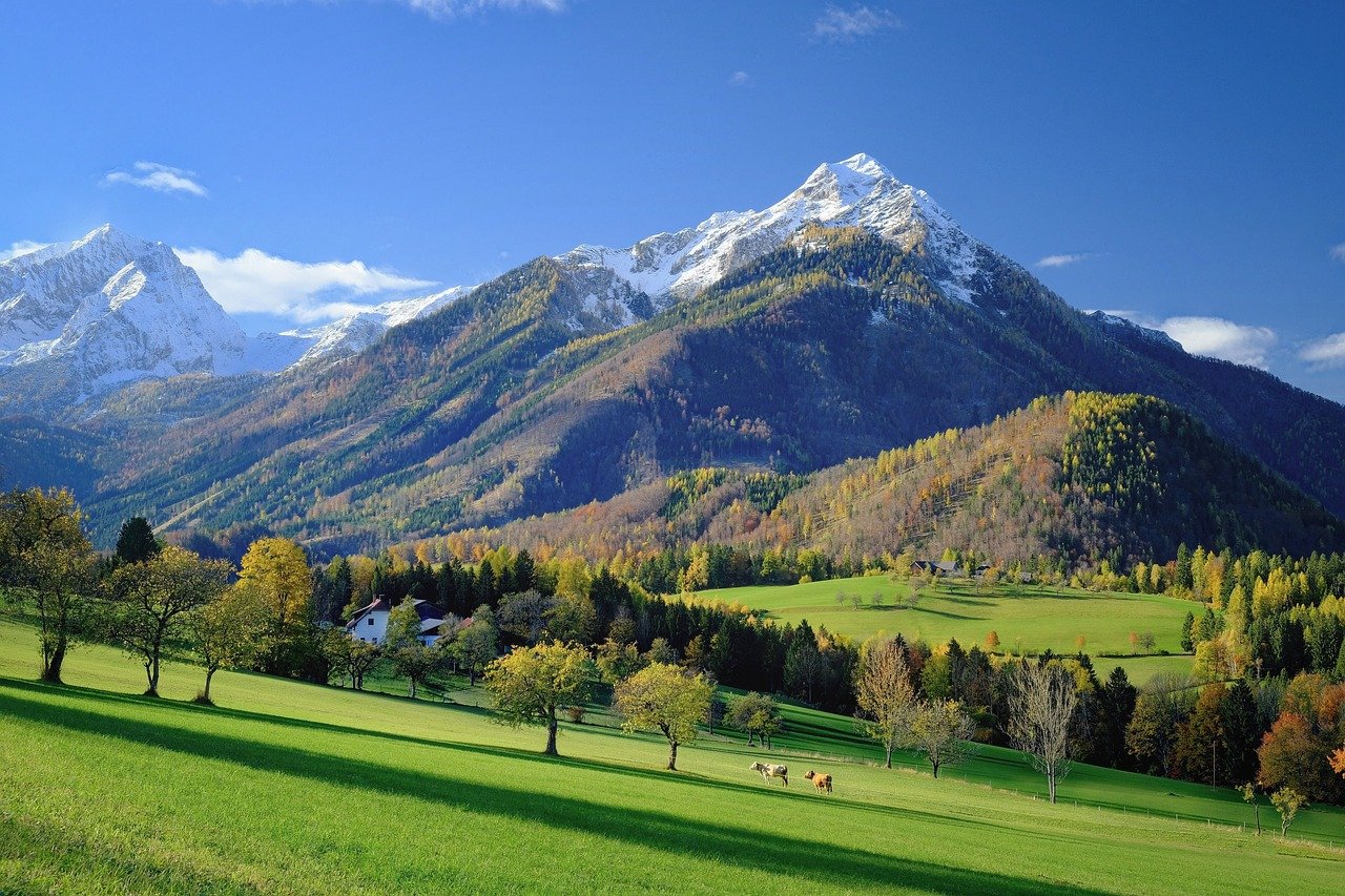 Mountains overlooking a beautiful green field.
